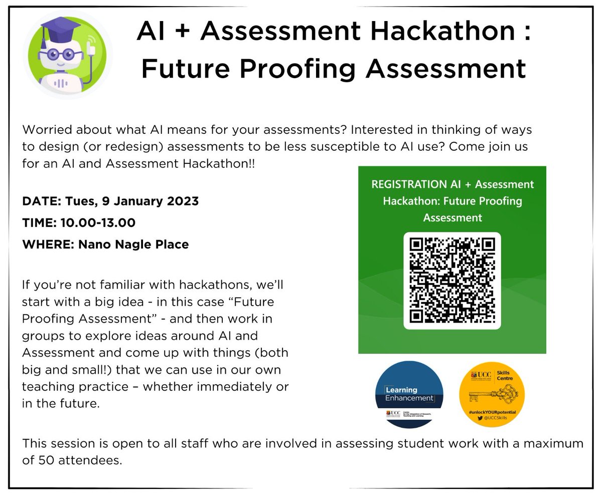 OVPLTUCC's tweet photo. @UCC_CIRTL AI and Assessment Hackathon - tomorrow 9th January. #AI #futureproof #beready https://t.co/9uuBgQpbsO