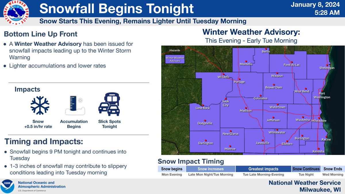 NWSMilwaukee's tweet photo. High potential continues for impactful snowfall across southern Wisconsin starting tonight, with the heaviest snowfall and the highest impacts Tuesday morning through Tuesday evening. Complete preparations, especially if traveling! #swiwx #wiwx https://t.co/hUf8ctVEWt