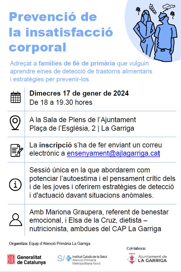 ajlagarriga's tweet photo. 🧐Voleu aprendre eines de detecció de trastorns alimentaris i estratègies per prevenir-los?

✅Vine a la xerrada que organitzem amb el CAP

➡️Inscripció a ensenyament@ajlagarriga.cat

🗓️Dimecres 17 de gener 
🕓De 18 a 19.30 hores
📌Sala de Plens #laGarriga https://t.co/H8vyxEiSZf