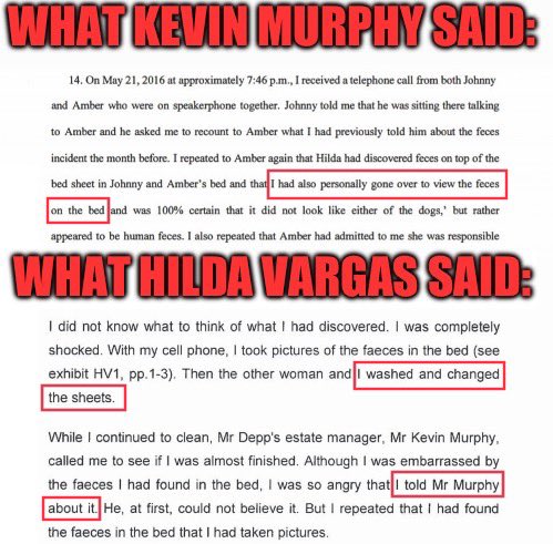 bebelieved2022's tweet photo. @TRAUMATIZEDpc @lonponranch Briefly: Kevin Murphy/Hilda Vargas testimony conflicts.
When Murphy would no longer testify in the US, Depp get's Starling Jenkins to run with the poop lie.
Jenkins makes no mention of the shit in the UK.
There's nothing but Depp's changing witnesses stories to back anything up! https://t.co/0cyN8a2r9F