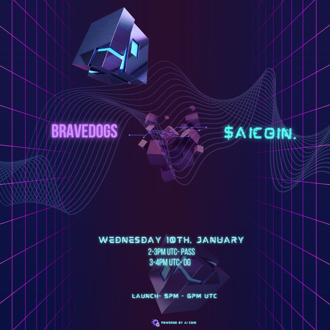 $AI PRESALE ANNOUNCEMENT

We’ve partnered with <a href="/BraveDogsNFT/">Brave Dogs | Space & Beyond</a> to handle $AI PRESALE

🤖 Presale date fixed for Wednesday 10/01 2PM UTC
- Pass holders 110 $ada (Passes are stackable)
- OG 60 $ada
- No public

🤖 Tokenomics details in discord!

Interact for 10 OG spots!