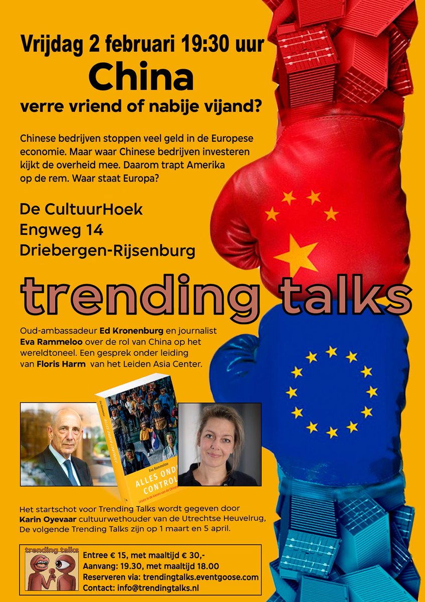 HelmaCoolman's tweet photo. Trending Talks, gespreksavond over #China met @eefjerammeloo en oud-ambassadeur #EdKronenburg op 2 februari. Meld je nu aan! https://t.co/y5gnV2wTa5