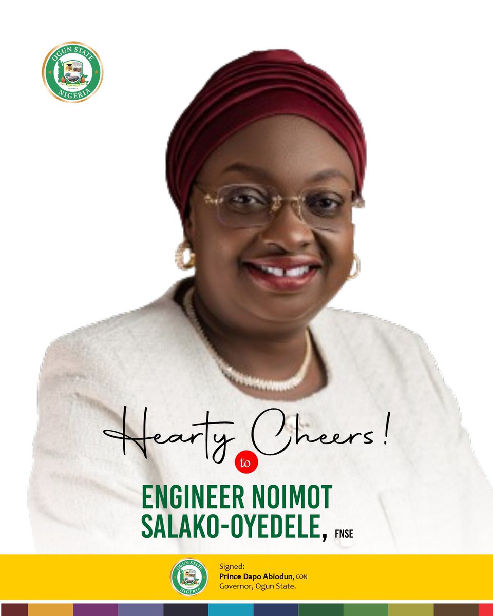DapoAbiodunCON's tweet photo. On behalf of my family and the wonderful people of Ogun State, I want to send warm and heartfelt congratulations to my dedicated Deputy, Engineer @NoimotOyedele, FNSE, as she celebrates her 58th birthday today.

We are incredibly grateful for the abundant blessings and divine guidance that have accompanied you throughout your remarkable journey on this beautiful planet for the past fifty-eight years.

We cannot help but admire and appreciate the valuable contributions you have made towards the progress and prosperity of our beloved state. Your dedication and hard work have left a lasting impact, and we are forever grateful.

As we gather to celebrate this special day, we want to express our sincerest wishes for many more years filled with significant achievements and inspiring experiences. May each passing year bring you closer to your dreams and fulfil all your heart's desires.

Congratulations and hearty cheers!