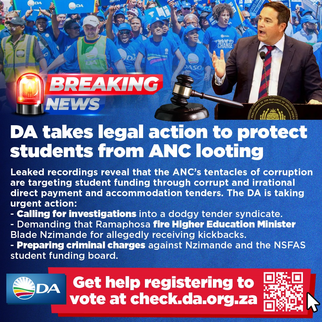 🚨 [BREAKING NEWS] The DA is taking legal action to protect students from ANC looting.

The DA's action includes criminal charges against Minister Blade Nzimande and declaring the NSFAS board delinquent.

Read more here: da.org.za/2024/01/while-…

#NoStudentLeftBehind
#RescueSA