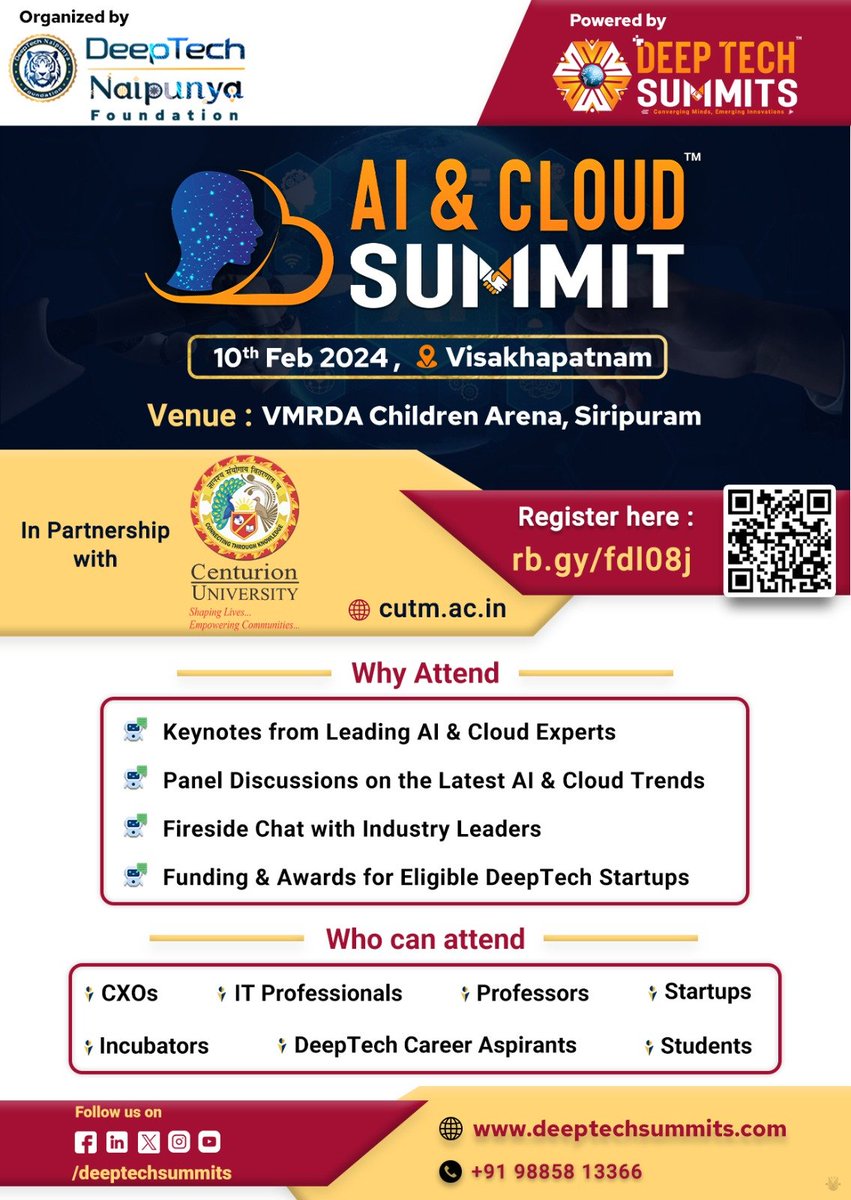 CUTM_AP's tweet image. The Groundbreaking AI &amp;amp; Cloud Summit on February 10, 2024, in Vizag, a vital part of the Deep Tech Summits!
@DeepTechSummits

Don&apos;t let this opportunity

#AITechSummit #DeepTech #TechSummit2024 #VizagEvent #CenturionCARES