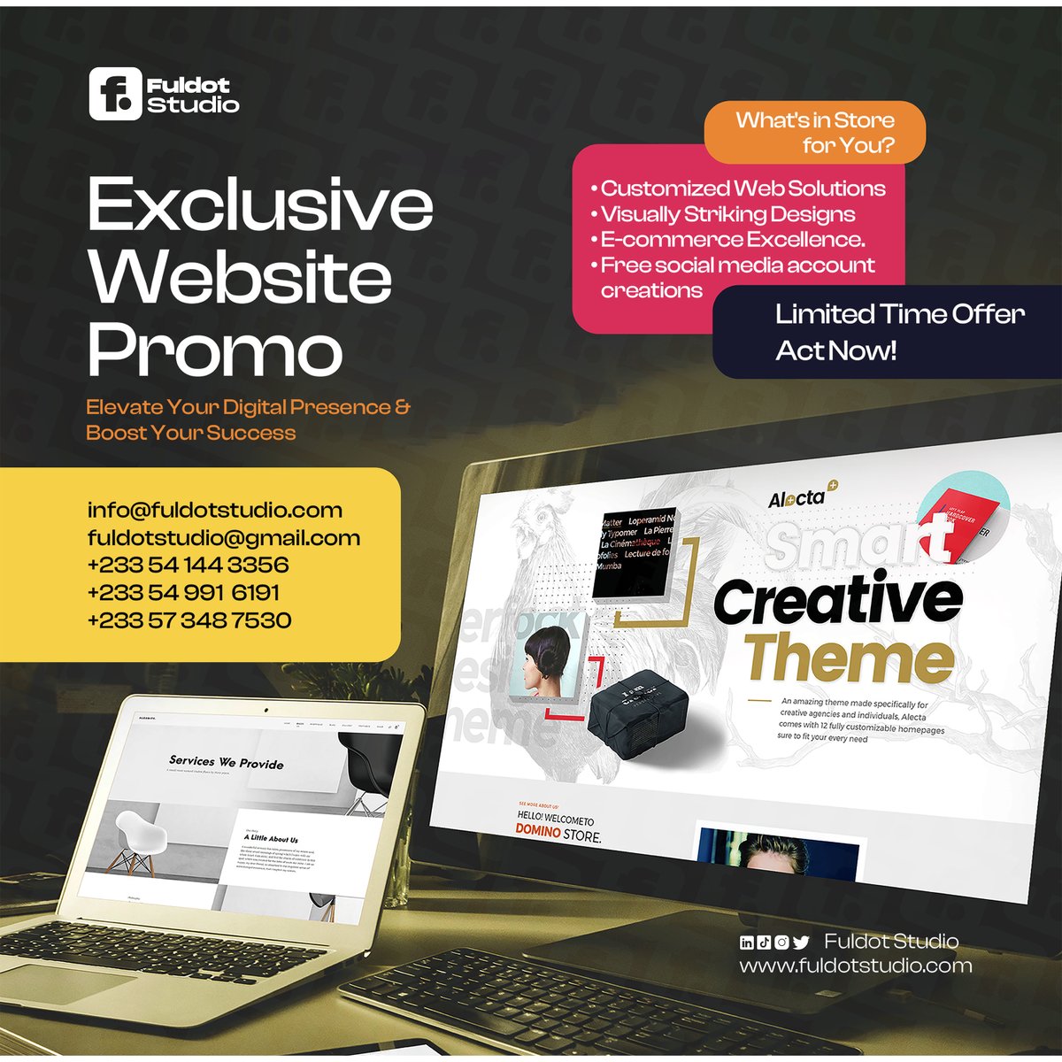 FuldotStudio's tweet photo. Are you ready to take your online presence to new heights? Don't miss out on our exclusive Website Promo, specially designed for clients like you!
📞 Contact Us Today!
#DigitalSuccess #WebDesign #PromoOffer #TechSolutions https://t.co/he7gEnRid8