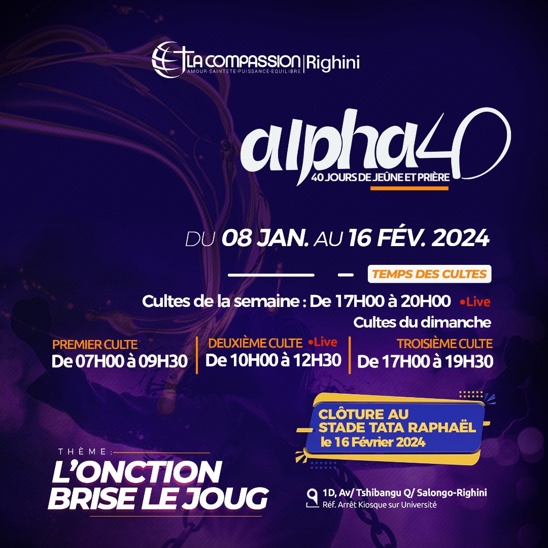 LaCompassionLCR's tweet photo. 🅰️4️⃣0️⃣⏳

Ça y est ‼️Nous y voilà ‼️

Déjà ce soir à partir de 17h00’ au temple de Lacompassion Righini/LCR

Ton entrée dans ce marathon de Prière sera largement différente de ta sortie🙏✌

Entre dans ta saison d’accomplissements avec Jésus✌

Bon début des Alpha4️⃣0️⃣ à tous‼️ https://t.co/LmjzgOSmIC