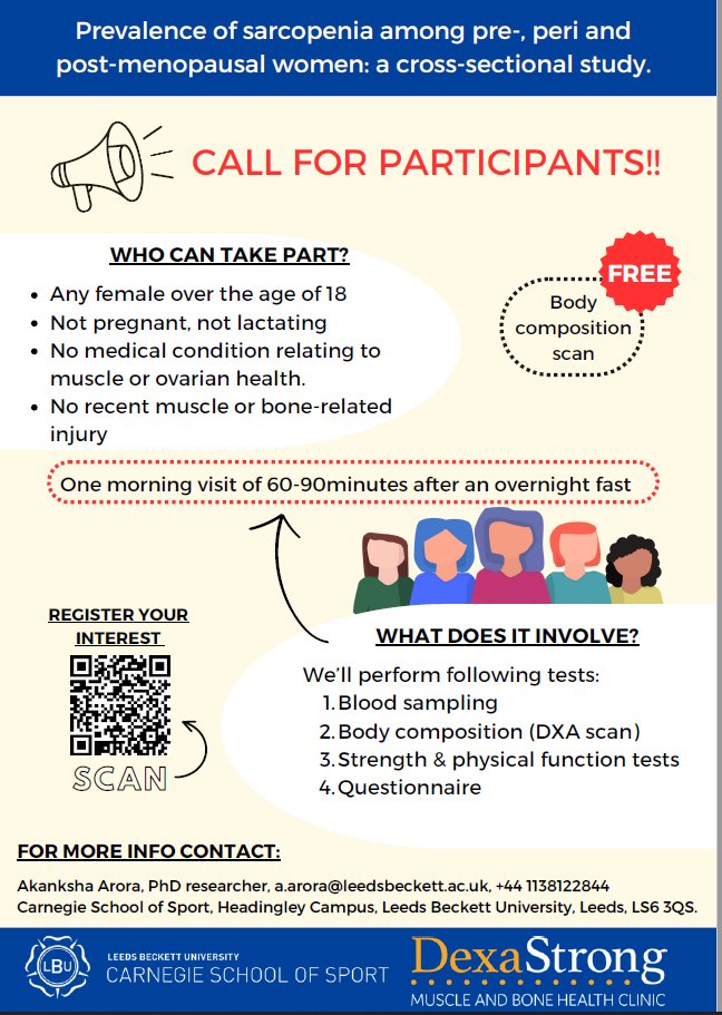 Are you interested in women’s research? Join our study at LBU! We’re exploring sarcopenia prevalence in females and its links with hormones &amp; amino acids.🕒 Just one morning visit (60-90 mins) FREE body composition &amp; bone density scan🔗 Sign up now: tinyurl.com/mwwj6y5m