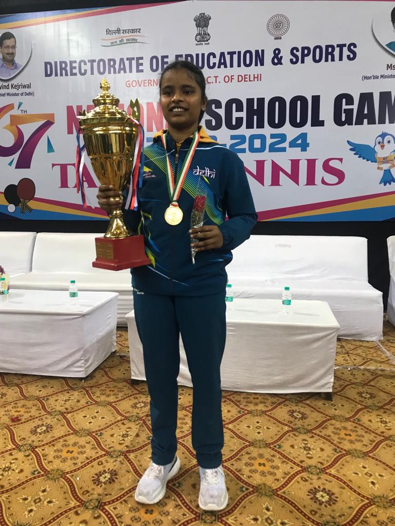 'Unforgettable moments at Thyagraj Stadium! 🏅 feeling proud to have clinched the GOLD MEDAL in the National School Games Under 17 Girls category. 🥇💪 A journey of passion, dedication, and sheer determination. Thank you for the incredible support!