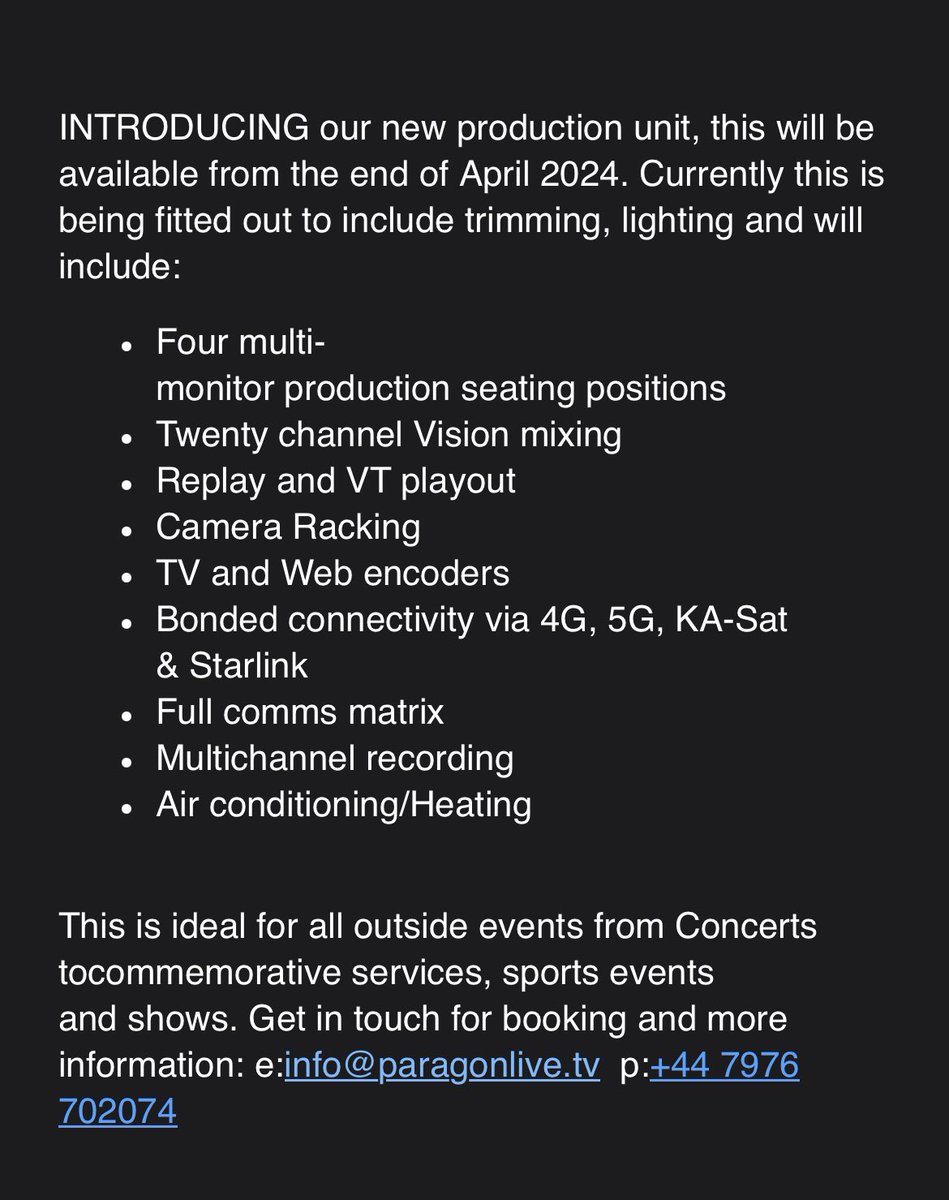 ParagonLiveLtd's tweet photo. Something New for 2024

#liveu #starlink #4G #5G #connectivity  #livebroadcast #OBlive #livefestivals #kasat #remoteproduction  #ob #livetv #LiveStreaming #LiveEvents #LiveUplayout #bonding https://t.co/pRstaeocpk