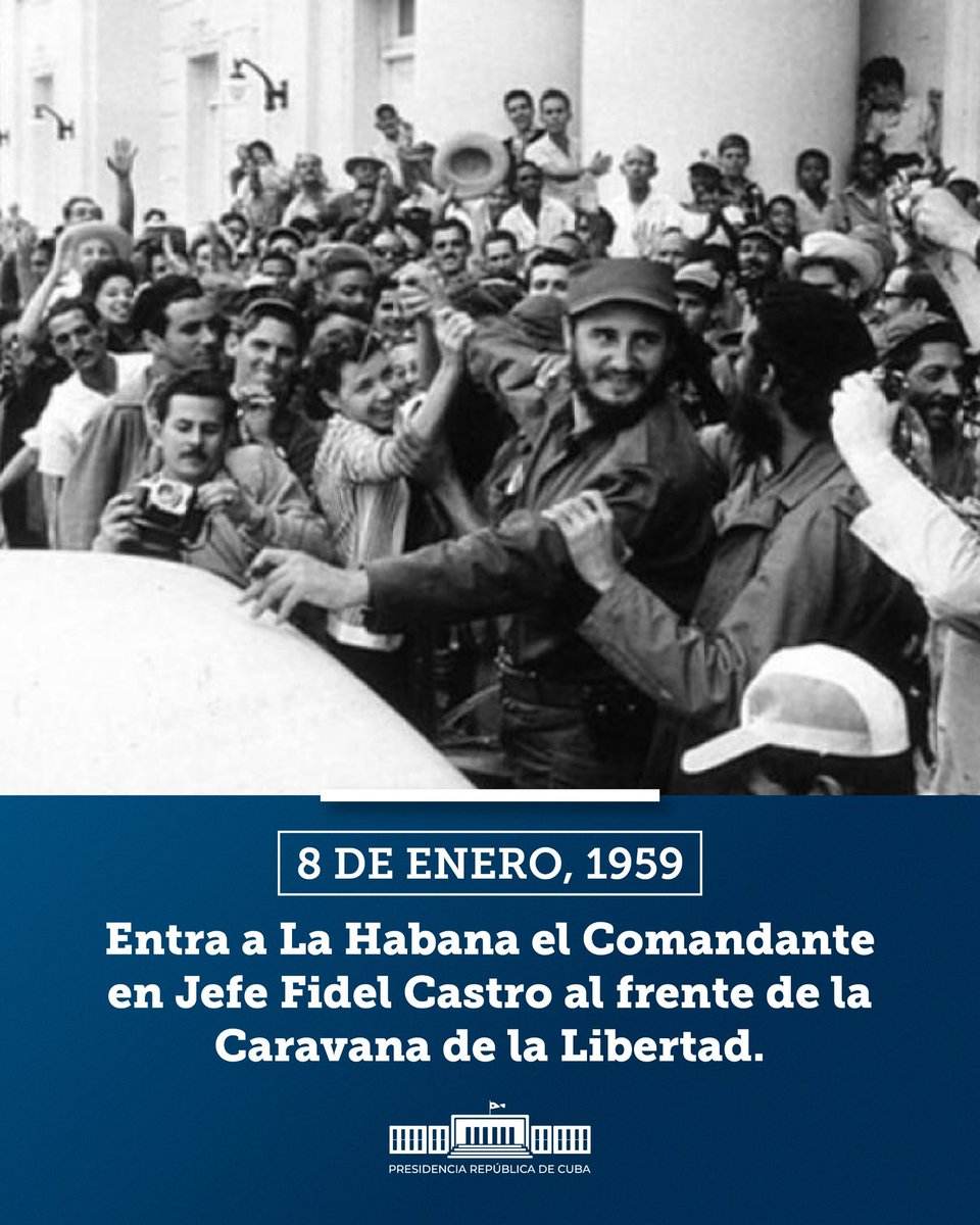 La entrada a La Habana de la #CaravanaDeLaLibertad con Fidel al frente, el 8 de enero del 59, es el más bello símbolo de la victoria y  el momento de mayor júbilo del pueblo de #Cuba. Comenzaban 65 años de obra y realizaciones. #EstaEsLaRevolución