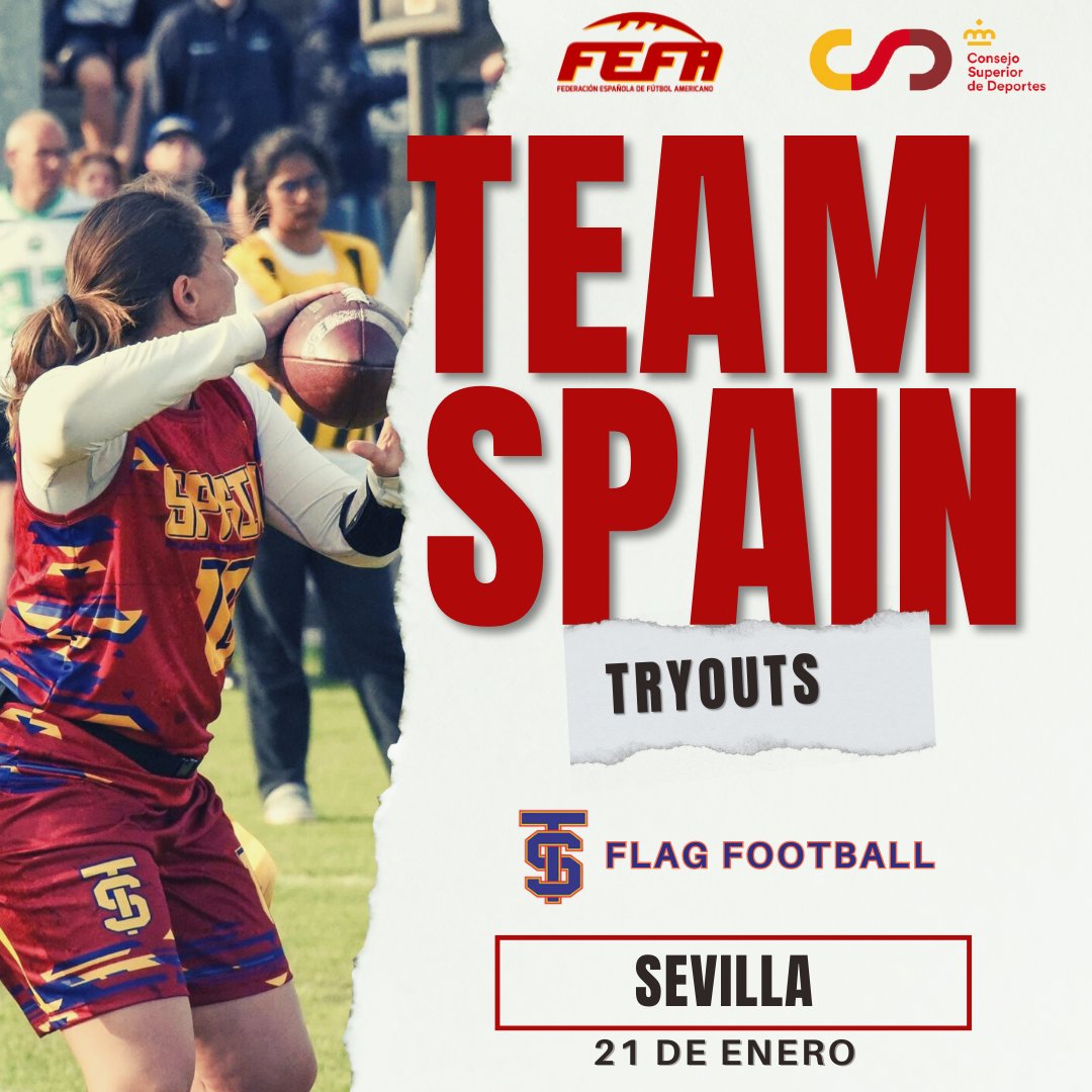 🚨 ¡¡TRYOUTS PARA LAS SELECCIONES DE FLAG FOOTBALL!! 🚨
👉 ¡APÚNTATE! La cita será el domingo 21 de enero en las Instalaciones Deportivas de Sevilla Linces. ¡Arranca el camino al Mundial de Finlandia!

⬇ + Info ⬇
fefa.es/el-21-de-enero…

#ConéctatealFootball🏈 #FlagFootball