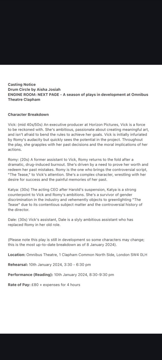 ACTORS! Paid opportunity this week for rehearsed reading at <a href="/OmnibusTheatre/">Omnibus Theatre</a> w. amazing playwrite @aishajosiah details 👇 get in touch with her to express interest aishajosiah@gmail.com #actingopportunity #actorlondon