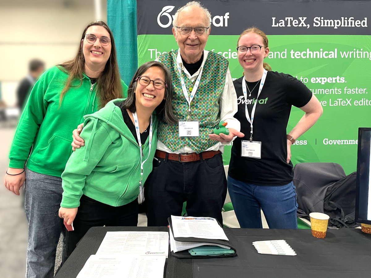 overleaf's tweet image. We had a very special guest visiting us at JMM 2024 (spoilers: it&apos;s Don Knuth)! 🤩 💚 🎉 #TeXLaTeX #Overleaf