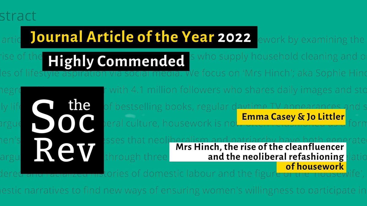 ⭐ Bravo to @EmmaHCasey and @littler_jo, whose paper was Highly Commended by judges for The Sociological Review Journal Article of the Year. Read their #OpenAccess paper buff.ly/3r5OZkK Read more about the award: buff.ly/46DVRqQ
