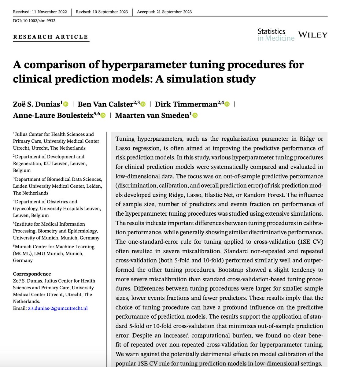🚨 NEW PAPER 🚨

We compared many tuning procedures for developing prediction models

Most important conclusion: be careful with using the popular 1-SE rule (e.g. in Ridge/Lasso) if calibration is important to you

Open access in Statistics in Medicine 👉 doi.org/10.1002/sim.99…
