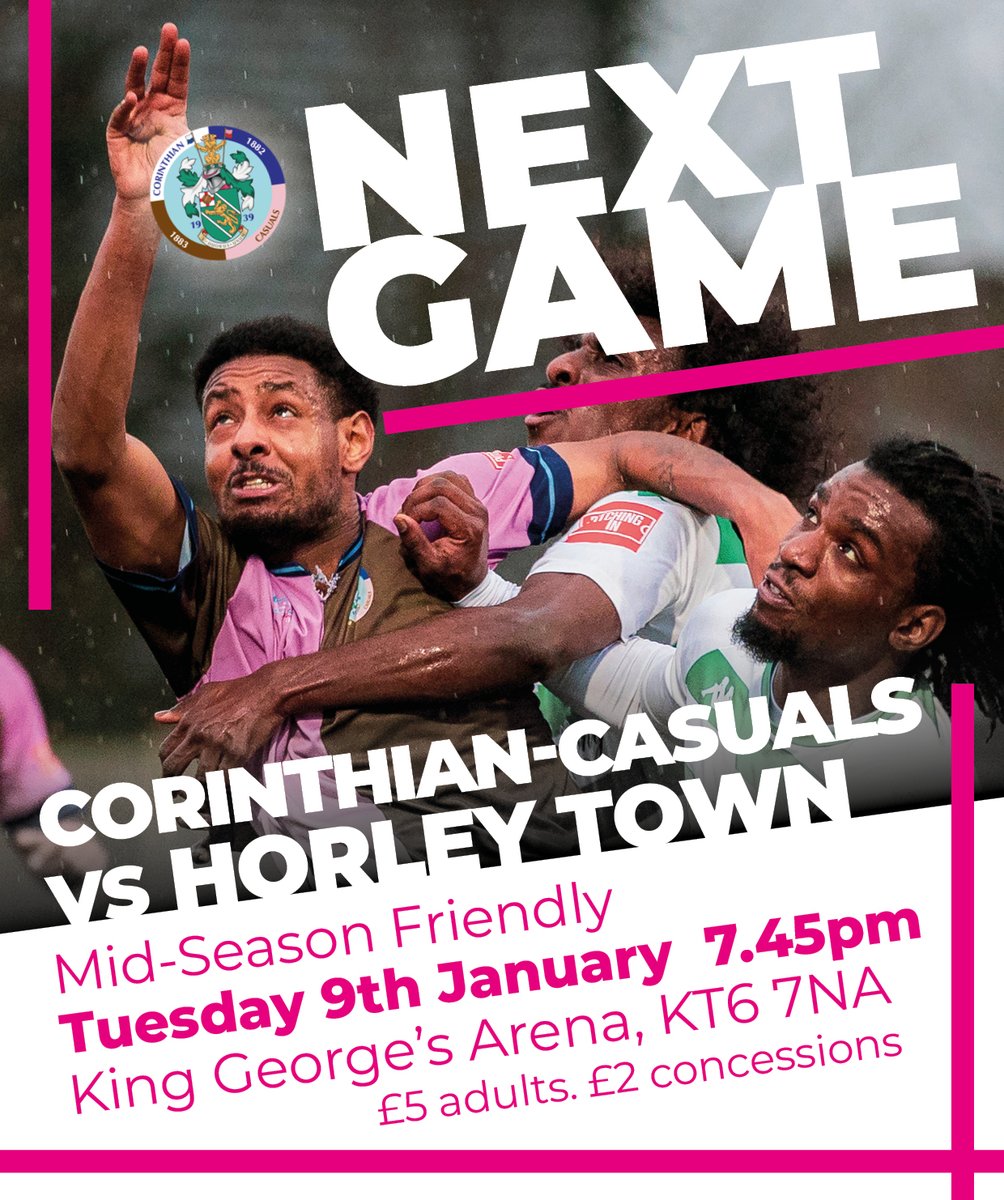 CorinthianCas's tweet photo. JUST ANNOUNCED: Come and check out Paul Barnes' Casuals as we prepare for the vital second half of the season by welcoming @HorleyTownFC for a mid-season friendly.
£5 / £2 concessions. 7.45pm. Bar open.
#VaiCorinthians https://t.co/e9fTyG2pWf