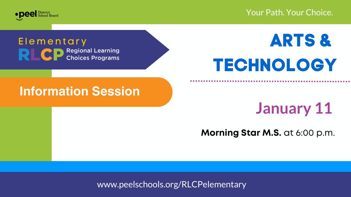 Join us for the Arts and Technology Regional Learning Choices Program Information Night on January 11 at: Morning Star M.S. at 6 p.m. Learn more: peelschools.org/elementary-reg… @MorningStarMS