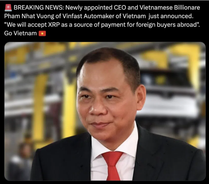 Phendiary66's tweet photo. Vinfast chấp nhận XRP làm phương tiện thanh toán cho  khách hàng nước ngoài khi mua xe https://t.co/A0lPDpZO0J