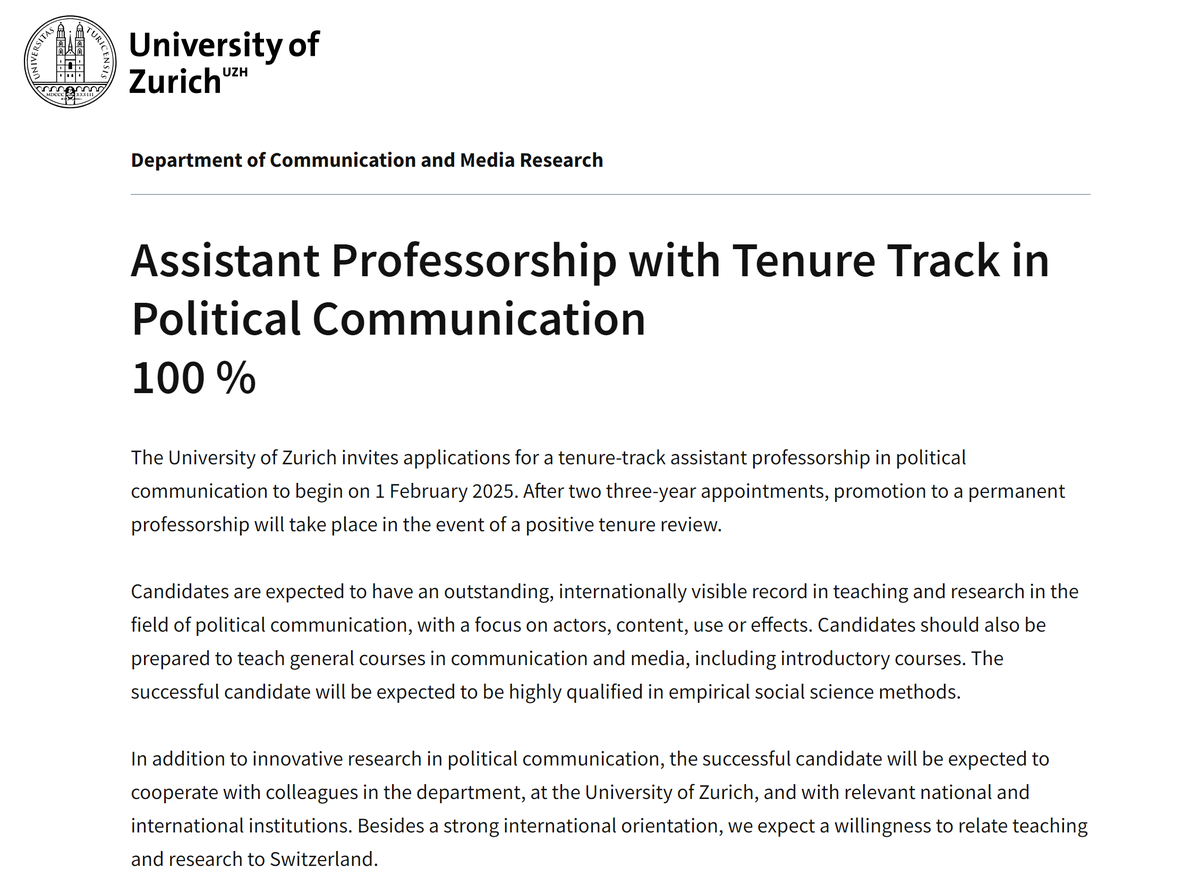 Call for applications! We’re looking for a tenure-track assistant #professor in political communication 📣 If you have a strong record in teaching and research in the field of #political #communication, apply by 14 February 🗓️ Pls share widely! More info: jobs.uzh.ch/offene-stellen…