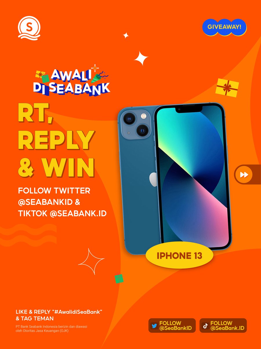 SeaBankID's tweet photo. 📣GIVEAWAY HADIAH BARU: IPHONE 13📣
FOLLOW, RT &amp; REPLY!

Dicari calon pemenang dengan kriteria🕵️: 
1. FOLLOW Twitter &amp; TikTok SeaBank
2. LIKE &amp; RT Tweet ini
3. REPLY "#AwalidiSeaBank" minimal 10x 
4. TAG TEMAN KAMU!

Cek gambar ke-2 untuk info lebih lanjut 🥰 https://t.co/KCcezQb82n