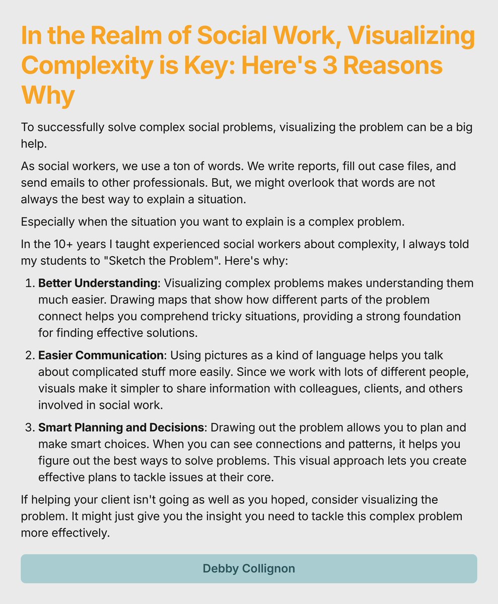 DinPedagogiek's tweet photo. In the Realm of Social Work, Visualizing Complexity is Key: Here's 3 Reasons Why
#SocialWork #ProblemSolving #Visualization #ComplexProblems #EffectiveCommunication #SocialWorkInsights #ClientCare #SolutionFocused #VisualThinking #SocialWorkEducation https://t.co/mFl0liie0H