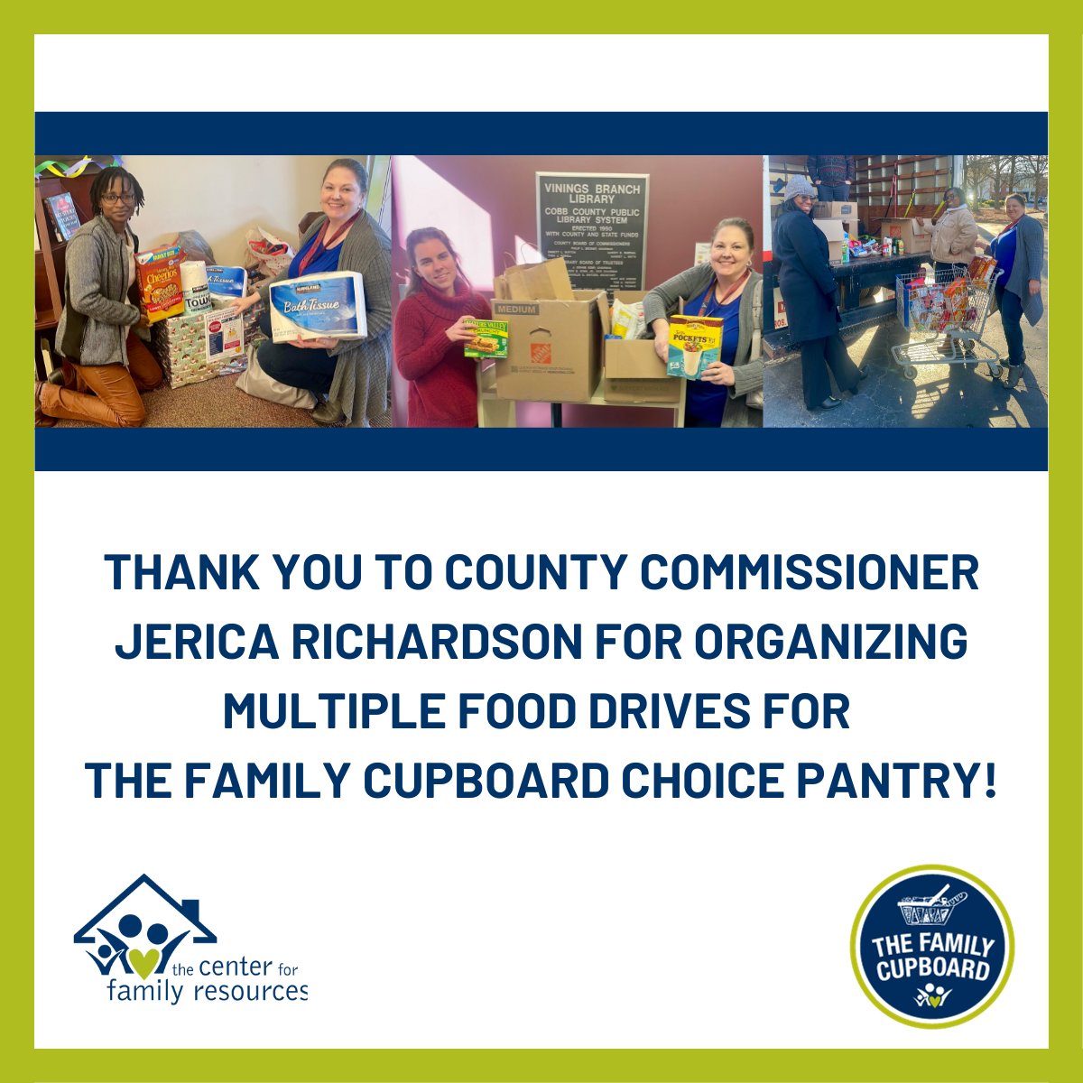 CFRPR's tweet photo. Thank you to County Commissioner Jerica Richardson for organizing multiple food drives for The Family Cupboard Choice Pantry, resulting in the incredible collection of over 500 pounds of food. Your dedication and support make a meaningful difference in our community. Thank you! https://t.co/vgnJYNGIYB