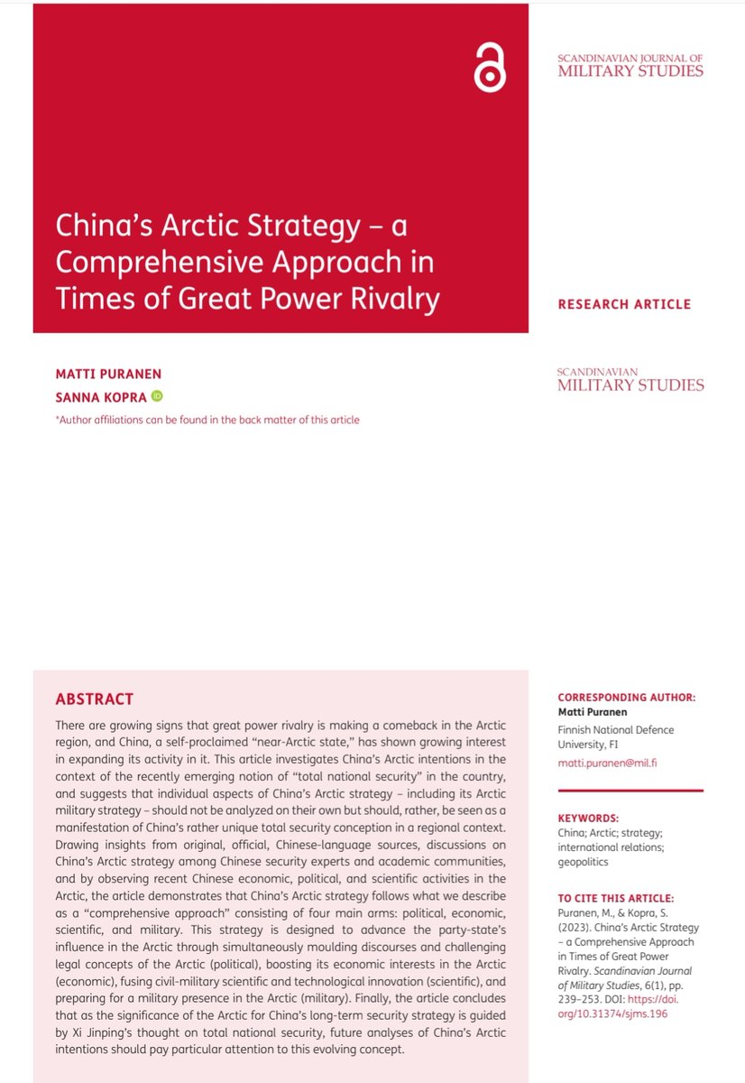 Sanna Kopra (@sannakopra) on Twitter photo Our #openaccess article on #China's long-term #Arctic strategy was published during the Xmas break with <a href="/thejournalSJMS/">Scandinavian Journal of Military Studies</a> 🥳
➡️sjms.nu/articles/10.31… Our #openaccess article on #China's long-term #Arctic strategy was published during the Xmas break with <a href="/thejournalSJMS/">Scandinavian Journal of Military Studies</a> 🥳
➡️sjms.nu/articles/10.31…