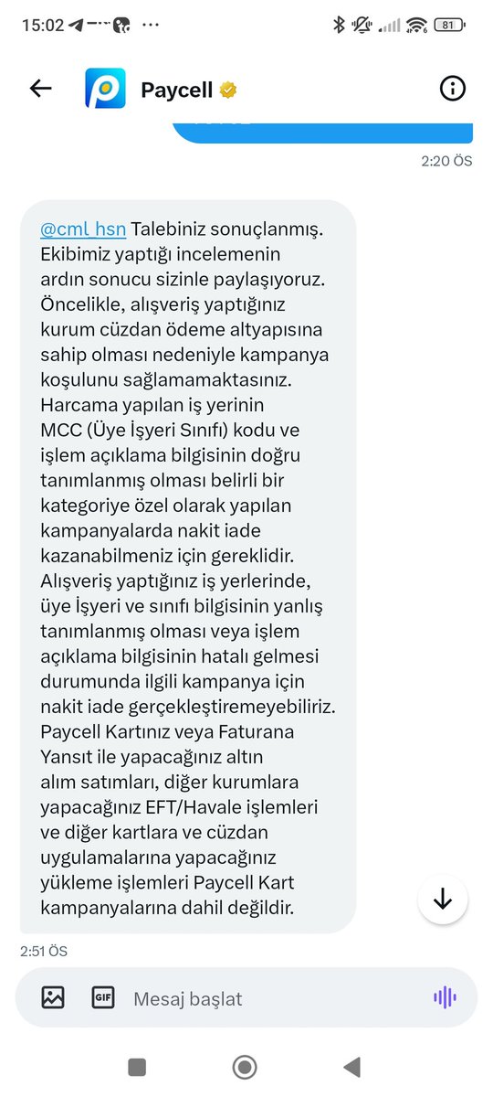 cml_hsn's tweet photo. @paycell attıkları mesaj.ama şu soruların cevabı yok.FİRMA AYNI KAMPANYA AYNI.birine cüzdan alt yapısında denilerek iade yapılmıyor.Ama diğer müşteriye sağlaniyor.
yeni kampanya ile 3gün sonra bir alışveriş daha yapıyorum iade sağlaniyor alışverişte yapılıyor.HANİ CUZDAN ALT APISI VARDI https://t.co/uu2AEE5jfe