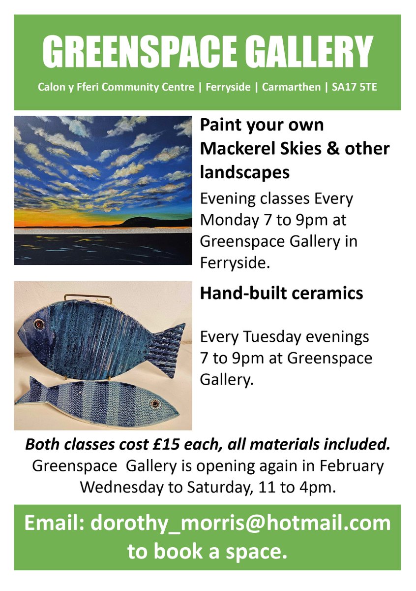 Check out the great new courses for just £15 per session at Greenspace Gallery in Ferryside, Carmarthen! #creativecourses #carmarthen #ferryside #artclasses #ceramics #ceramicsworkshop #handbuiltclayworkshop #artsharelove