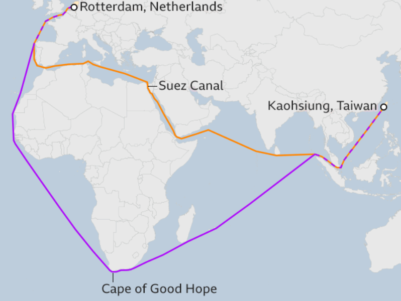 hallaboutafrica's tweet photo. Because international shipping is under attack in the Red Sea by a terror group, 18 shipping companies are now re-routing from Suez Canal-Djibouti to South Africa, adding 10 days sailing time, increasing shipping costs, causing commercial delays. But it's safe. https://t.co/FaPwtIxGQz