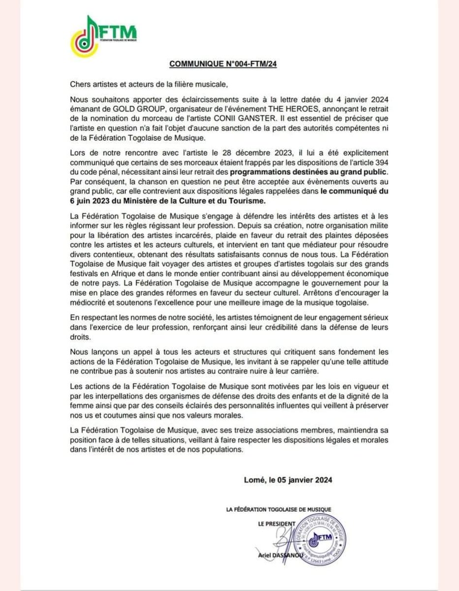 tony_feda's tweet photo. La FTM se permet de citer l'article 394 du code pénal du Togo portant sur l'atteinte aux bonnes moeurs. Mais quelle décision de justice a condamné les titres de #Conii Gangster? Il n'y a jamais eu de procès. C'est un complot et cela ne devrait pas passer. Un scandale. https://t.co/4R4onBxsIV