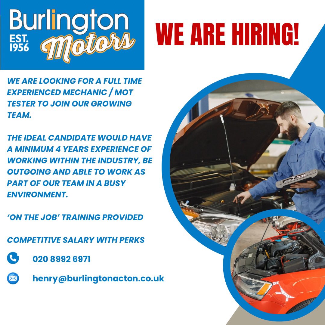 BurlingtonW3's tweet photo. ‼️ 🔔 WANTED ‼️ 🔔 

.

We are looking for an experienced vehicle mechanic / MOT tester to join our growing team

.

#garage #mechanic #car #carmaintenance #class4mot #crashrepair #familyrunbusiness #actonw3 #ealing #chiswick #hammersmith #westlondon https://t.co/F8avZAYvix