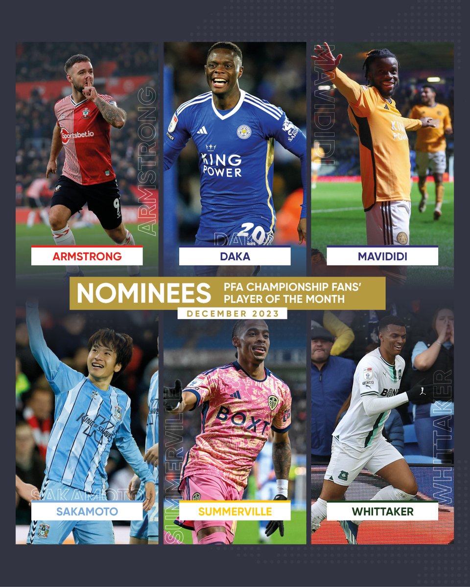 🏆 PFA Championship Fans' Player of the Month nominees for December! 🔴 @AdamArma9 🔵 @PatsonDaka20 🔵 @TheRealMavididi 🔵 @Tatsu1022Soccer ⚪️ Crysencio Summerville 🟢 Morgan Whittaker 🗳️ Vote here: thepfa.com/fpotm/champion…