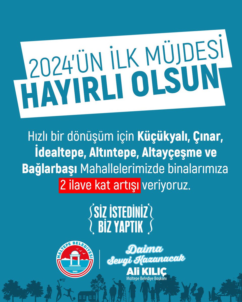 2024'ün ilk müjdesi Maltepemize hayırlı olsun!

Depreme dirençli bir kent inşa etme yolunda 6 mahallemizde kentsel dönüşümü hızlandırmak için 2 ilave kat artışı veriyoruz. #MaltepeÇalışıyor #BambaşkaBirMaltepe