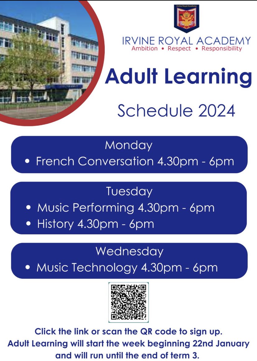 Adult Learning is back for term 3. Please click the link below to confirm your space by Thursday 11th January:

forms.office.com/Pages/Response…

<a href="/IrvineRoyalAcad/">Irvine Royal Academy</a> <a href="/LoudounMontPSEY/">Loudoun-Montgomery PS+EYC</a> <a href="/CastleparkPS/">Castlepark Primary School</a> <a href="/WoodlandsIrvine/">Woodlands Primary and Early Years</a> <a href="/AnnickPS/">Annick PS & EYC</a>
