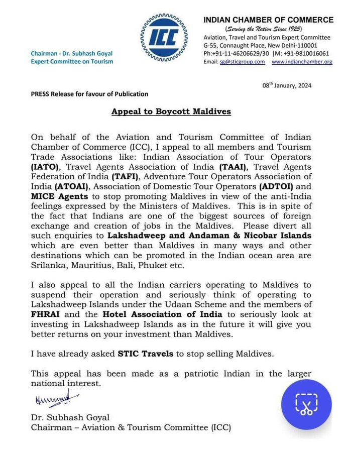 Indian Chamber of Commerce: Appeal to tour and flight operators to stop promoting #Maldives