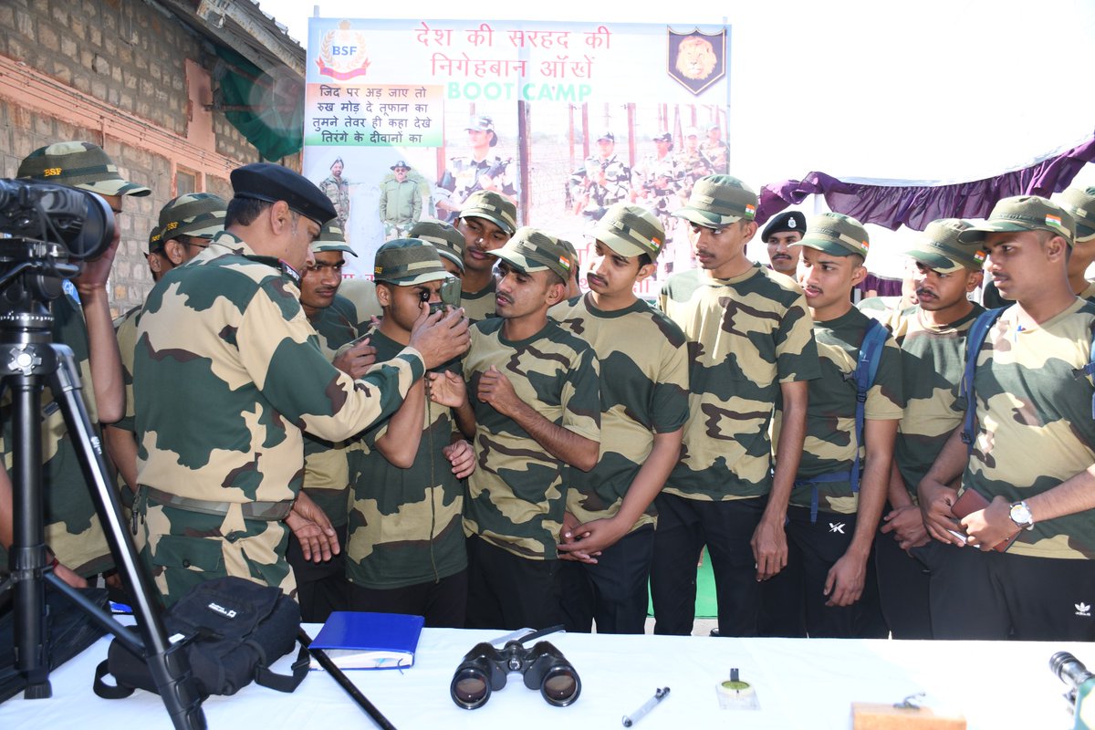BSF_Gujarat's tweet photo. 𝐄𝐦𝐩𝐨𝐰𝐞𝐫𝐢𝐧𝐠 𝐅𝐮𝐭𝐮𝐫𝐞𝐬: 𝐁𝐒𝐅 𝐁𝐨𝐨𝐭 𝐂𝐚𝐦𝐩 𝐚𝐭 𝐒𝐮𝐢𝐠𝐚𝐦 𝐋𝐞𝐚𝐯𝐞𝐬 𝐋𝐚𝐬𝐭𝐢𝐧𝐠 𝐈𝐦𝐩𝐚𝐜𝐭 𝐨𝐧 𝐒𝐭𝐮𝐝𝐞𝐧𝐭𝐬

The exhilarating 3-day BSF Boot Camp at border village Suigam, Dist- Banaskantha Gujarat reached its conclusion today, creating an unforgettable tapestry of experiences for students from Agricultural University Dantiwada. The programme encompassed invigorating physical training, the serenity of yoga, weapon introduction, unarmed combat, other activities such as obstacle negotiation, point-to-point march, group discussions, insights into survival techniques thereby providing a holistic immersion into soldierly skills and offered a hands-on glimpse into the life of a #SeemaPrahari at the border. Throughout the camp, students delved into the intricacies of border management, visited #BSF Border Outposts (BOPs) and various other attractions as part of #SeemaDarshan in Nadabet, fostering a profound connection to the spirit of safeguarding our nation.

This unique exchange between BSF and students culminated in a vibrant closing ceremony graced by the esteemed presence of DIG BSF SHQ Gandhinagar, and other officials. The finale celebrated the newly instilled leadership qualities, patriotism, discipline, and life skills, resonating with the transformative essence of the camp. The journey has left an indelible mark, inspiring these young minds to contemplate a career in the BSF and other forces.

#BSFBootCamp
#BorderTourism #VibrantVillage