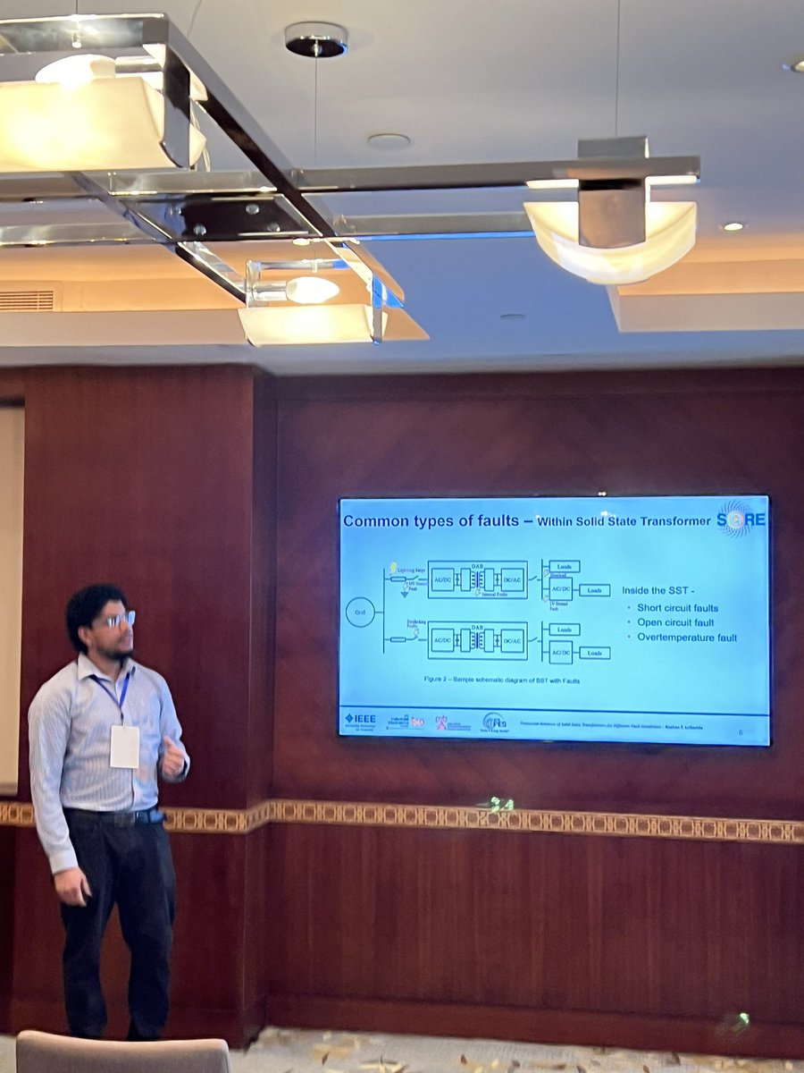 electrifiedshel's tweet photo. Interesting talk by Kushan @Kushantharuka, PhD candidate within the @OT_FEAS’ @OT_STEER Group, at the IEEE International Conf. on Smart Grid and Renewable Energy (SGRE 2024), in Doha, Qatar. Kushan spoke on the hot topic of solid-state transformer protection for EV charging. https://t.co/uwzet9dLy3