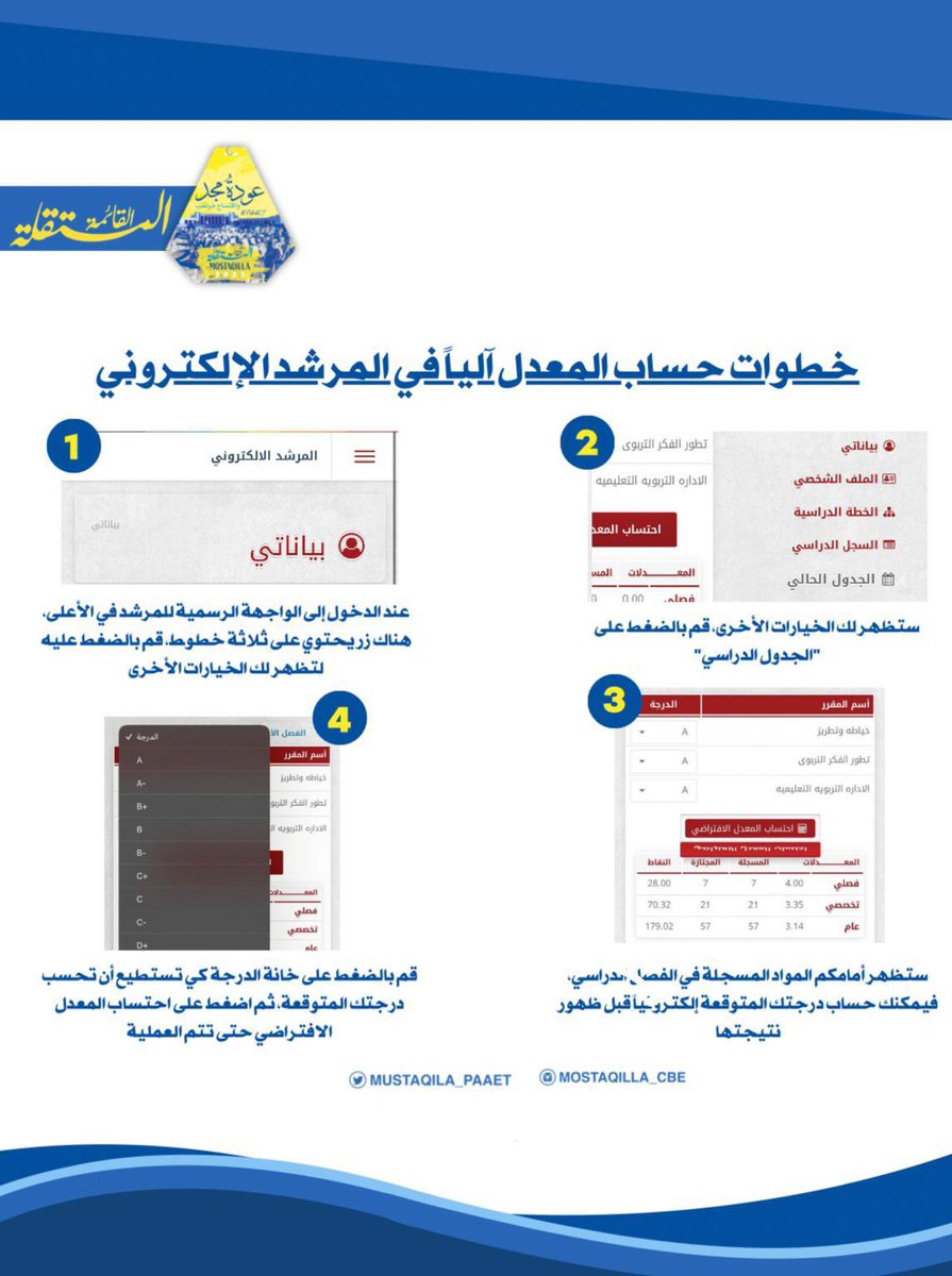 -
خطوات حساب المعدل آلياً في المرشد الإلكتروني 💛💙

#القائمة_المستقلة 
#التطبيقي
#paaet