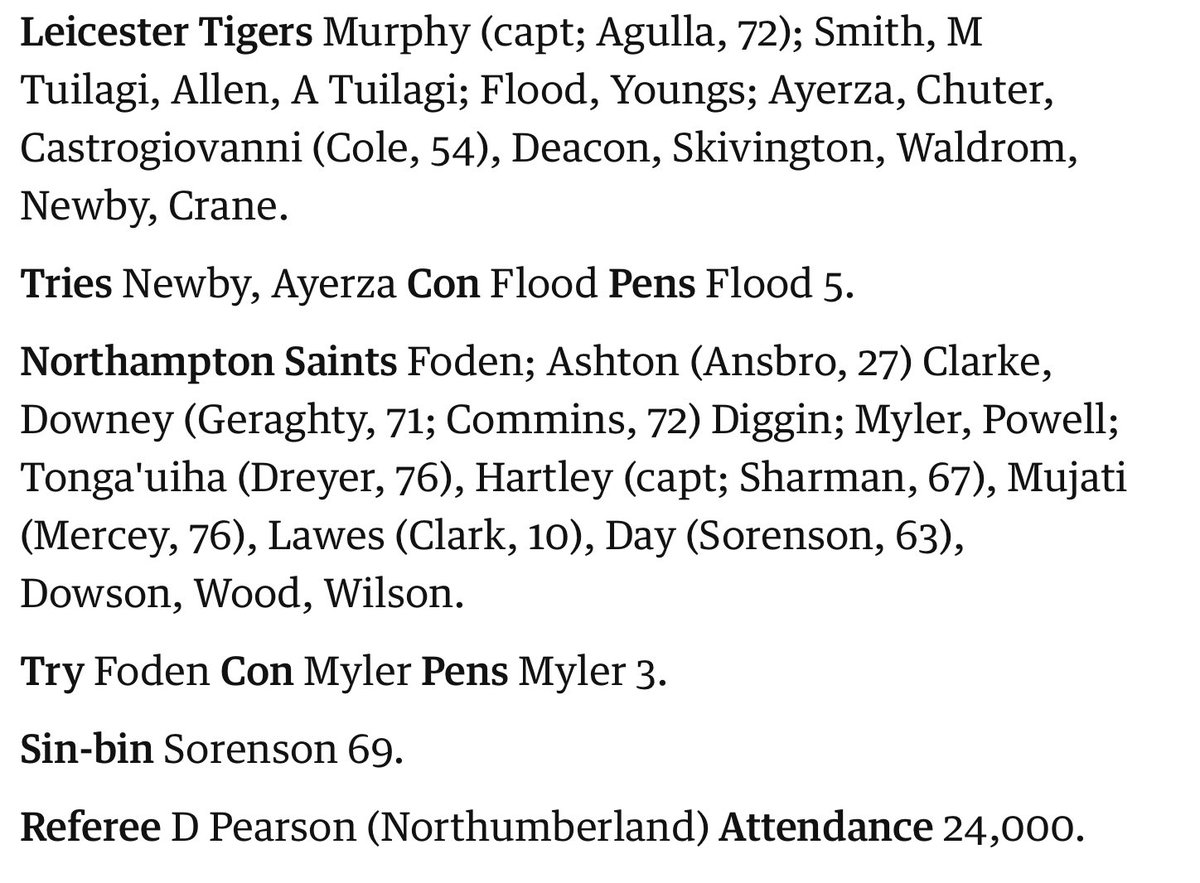 OTD: AVIVA PREMIERSHIP 2011

<a href="/LeicesterTigers/">Leicester Tigers</a> 27 (Newby 1t, Ayerza 1t, Flood 1c 5p)
Northampton Saints 16

Welford Road, 8 January

After sixth consecutive Premiership wins Tigers are top. They would return to a Twickenham in May for a rematch with Saracens.