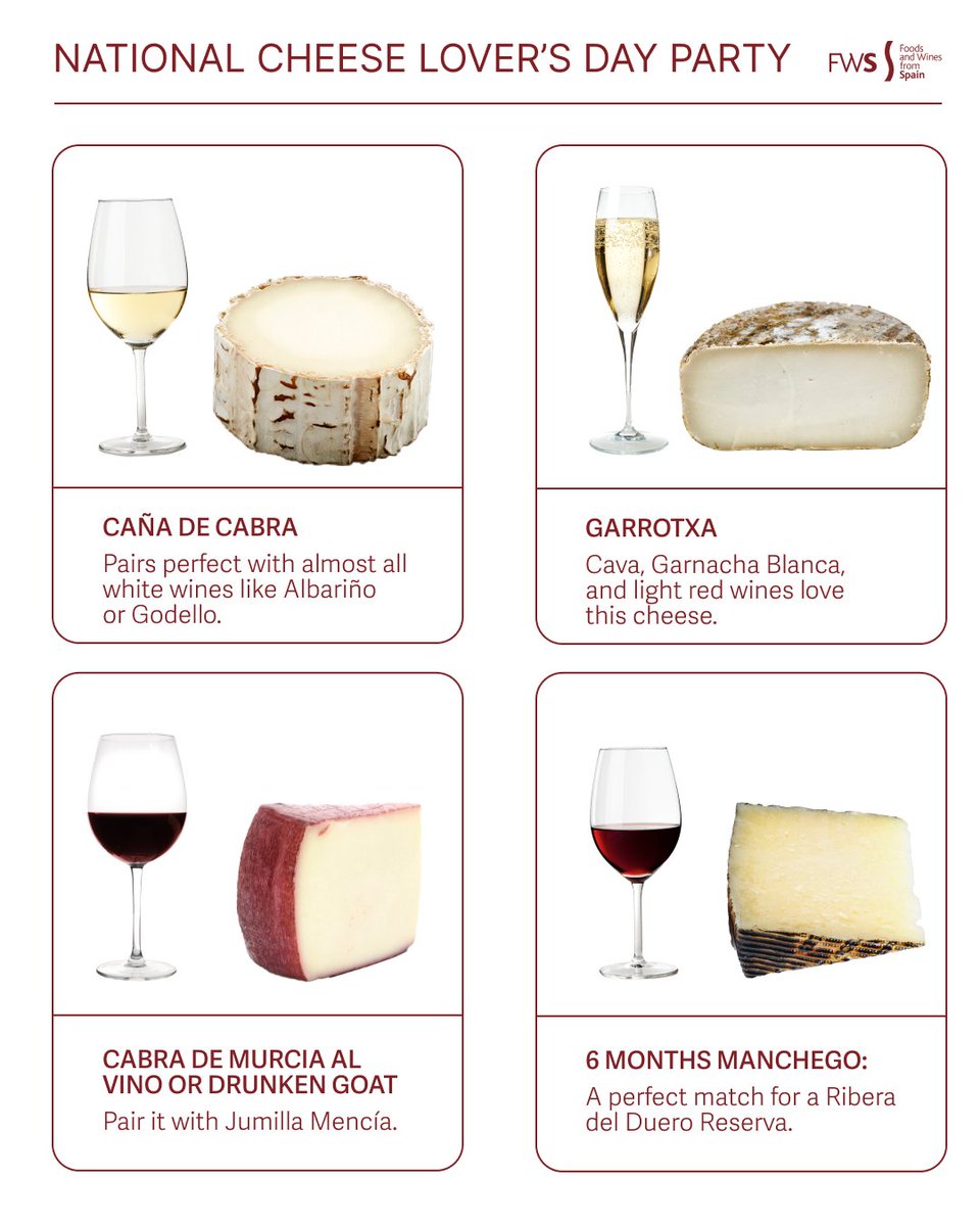 Say cheese, it's #NationalCheeseLoversDay! 🧀✨ Host the ultimate cheese party: mix and match your favorite varieties, add some crusty bread, pair with wine, and let the good times roll! Cheers to a gouda time! 🎉🍷 Discover how to celebrate it ➡️ foodswinesfromspain.com/en/food/articl…