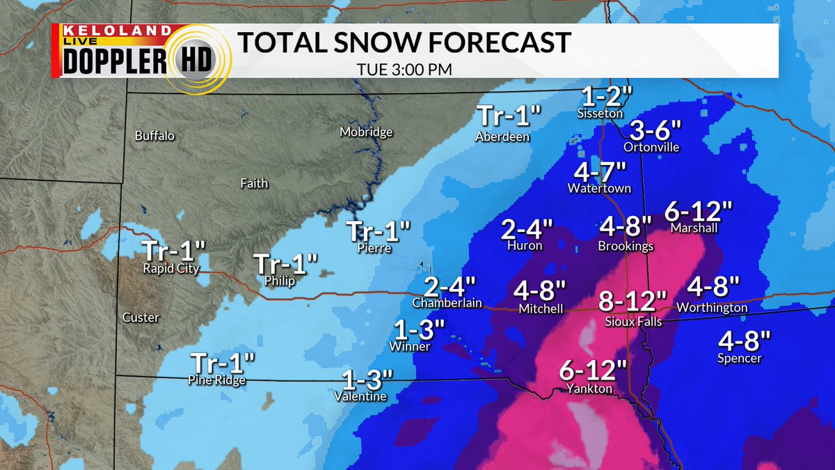 Snow has been heavy at times during the overnight and this morning.  Total snow amounts (by Tuesday morning) will approach a foot in parts of southeast KELOLAND.
keloland.com/weather