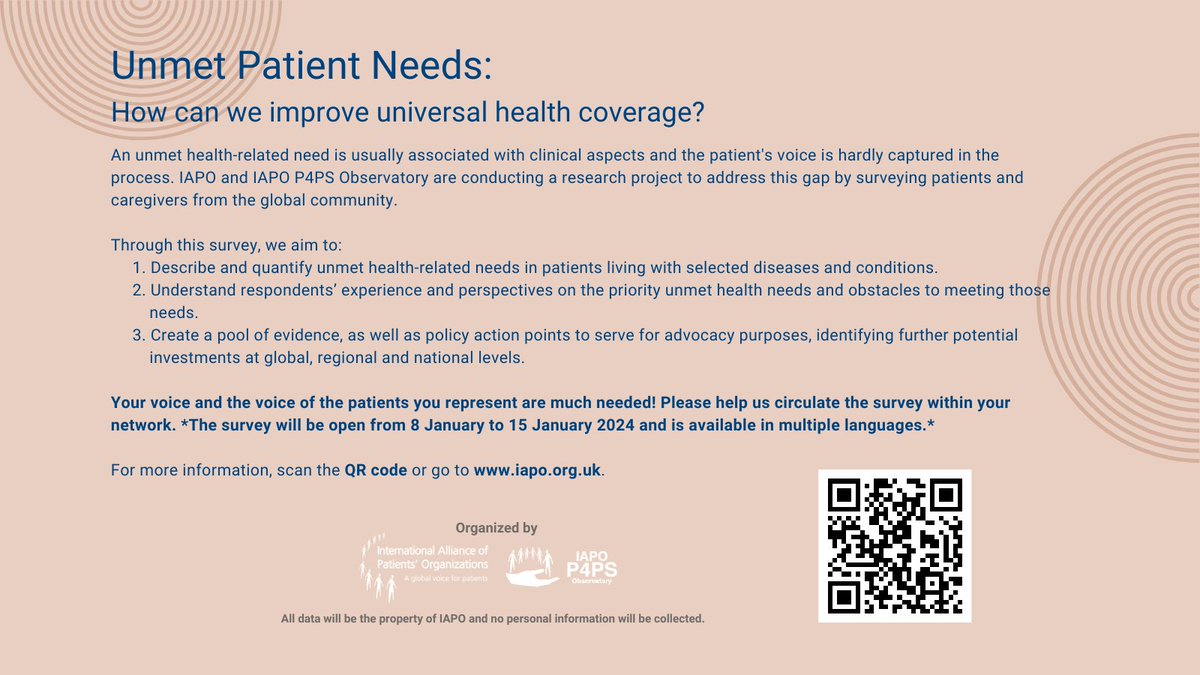 IAPOvoice's tweet photo. Today @IAPOvoice is launching a survey to uncover unmet patient needs worldwide, and we want YOU to be part of it. It's a quick 15-minute survey, and is open until January 15th! Scan the QR code or click on the link: https://t.co/HUxLws4nVe
#UnmetPatientNeeds #GlobalHealthSurvey https://t.co/s94oHdD9ki