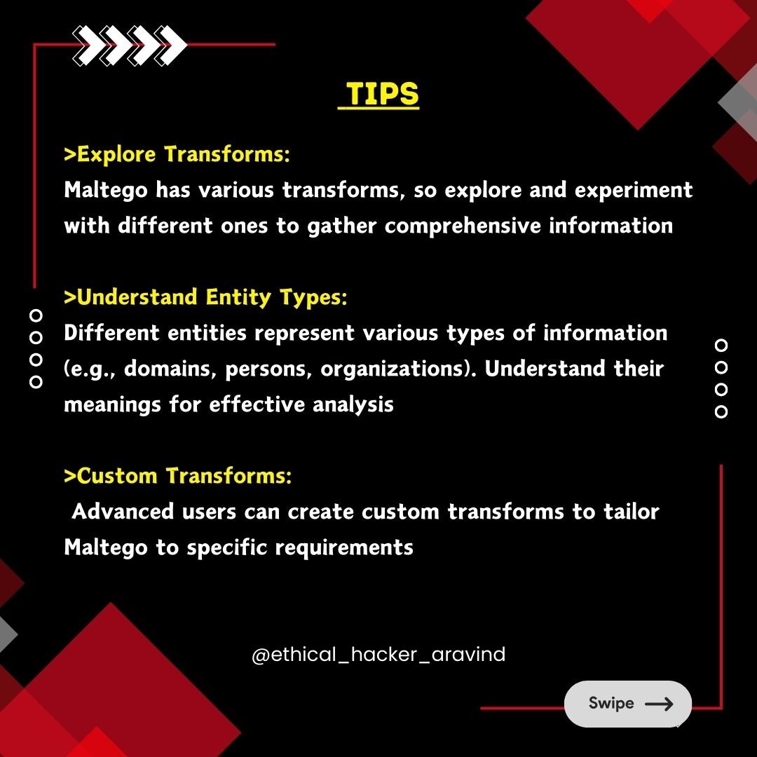 CyberSquadAK's tweet image. 🔗 *Setup Maltego Steps:*
1. Launch Maltego post-installation.
2. Create or log in to your Maltego account.
3. Configure Transforms:
- Set up plugins fetching and manipulating data.
- Some may need API keys or credentials. #Maltego #SetupGuide 🌐🔐