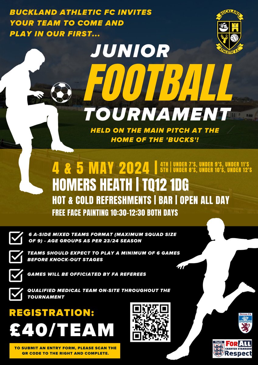 OfficalBAFC's tweet photo. ⚽️ | We are hosting our First Junior Tournament!

🗓️ 4/5th May 2024
🆚 U7’s - U12’s*
🏟️ Homers Heath, TQ12 1DG
📱 Scan the QR code or follow this link to enter

https://t.co/zsoNlkFHXT

More info below ⬇️ 

*Please note the U8’s section is full, but a waiting list is available https://t.co/dsOpnpfouG