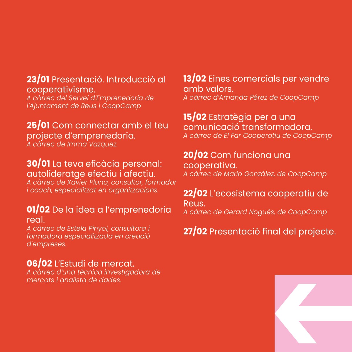 ateneucoopcamp's tweet photo. 👉Nou programa d'impuls d'iniciatives econòmiques i empreses per persones de #Reus i zona d'influència!

📅A la següent imatge teniu el calendari del programa i a l'enllaç podeu fer la inscripció. 👇

https://t.co/AcavRkBaSX https://t.co/i1SjQAcY6A