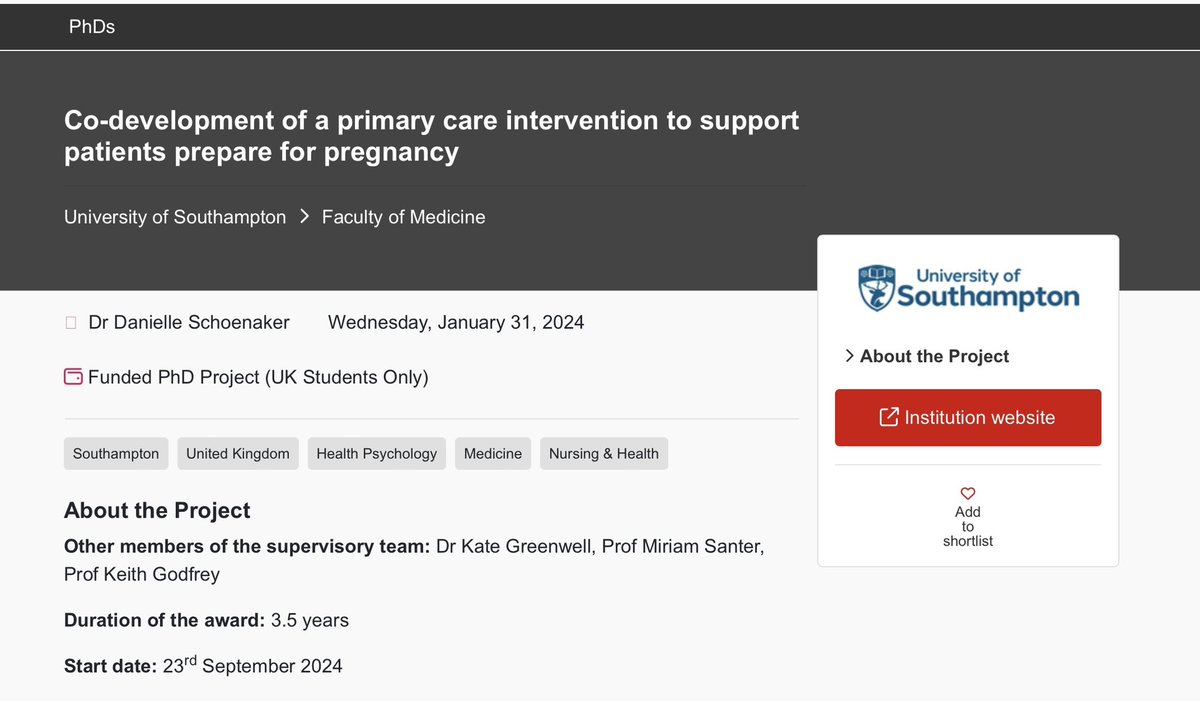 Danielle Schoenaker (@d_schoenaker) on Twitter photo Planning to start a #PhD this year?
Come work with us to co-develop a primary care intervention to support patients prepare for pregnancy.
Supervised w <a href="/kate_greenwell/">Kate Greenwell</a> <a href="/MiriamSanter/">Miriam Santer</a> <a href="/KeithMGodfrey/">Keith Godfrey, MBE</a>
Closing: 31 January
Get in touch if interested!
Apply: bit.ly/3QG8YTP Planning to start a #PhD this year?
Come work with us to co-develop a primary care intervention to support patients prepare for pregnancy.
Supervised w <a href="/kate_greenwell/">Kate Greenwell</a> <a href="/MiriamSanter/">Miriam Santer</a> <a href="/KeithMGodfrey/">Keith Godfrey, MBE</a>
Closing: 31 January
Get in touch if interested!
Apply: bit.ly/3QG8YTP