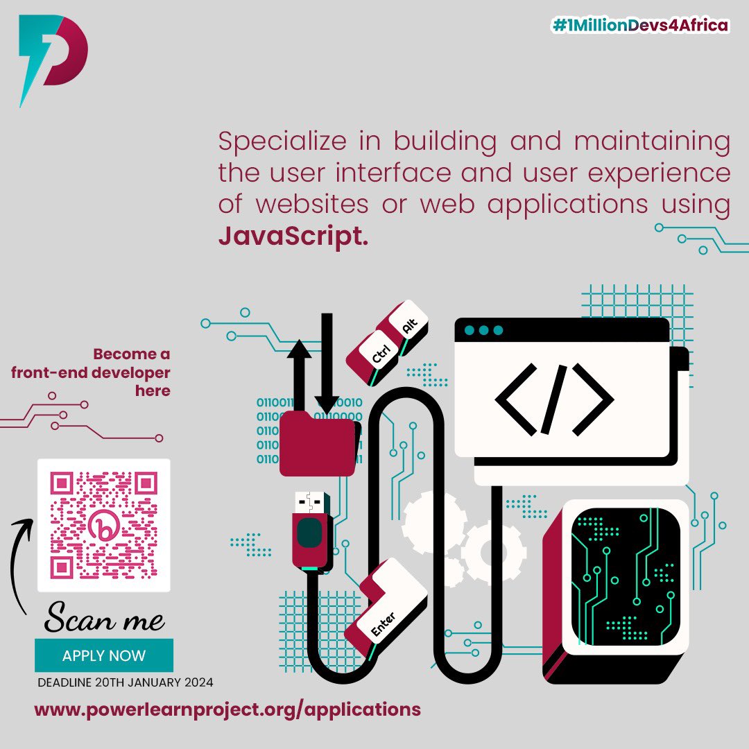 Start your journey to being a Front-end Developer by hitting the application button before 20.01.2024.
powerlearnproject.og/applications
#1MillionDevs4Africa 
#PLPClassOf2024
