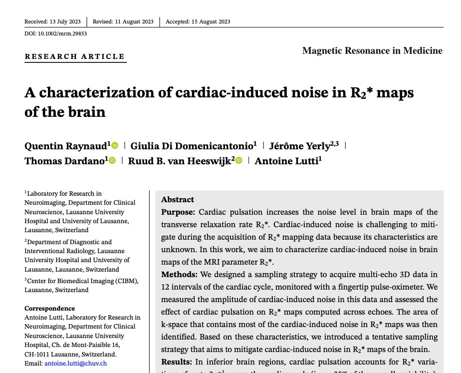 January MRM Editor's Pick #1: 'A characterization of cardiac-induced noise in R2* maps of the brain', by Quentin Raynaud (@raynaud_mri) et al. at Université de Lausanne (@unil). onlinelibrary.wiley.com/doi/10.1002/mr…